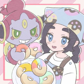 Rule 34 | 1girl, ansha (pokemon), apron, black hair, blue eyes, blue headscarf, colored sclera, commentary request, conachun, donut, food, gen 6 pokemon, green eyes, headscarf, highres, holding, holding donut, holding food, holding plate, hoopa, hoopa (confined), horns, legendary pokemon, long hair, long sleeves, mythical pokemon, nintendo, open mouth, plate, pokemon, pokemon (creature), pokemon legends: z-a, shirt, smile, teeth, white shirt, yellow sclera
