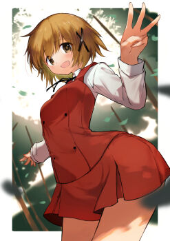 1girl absurdres blonde_hair brown_eyes buttons commentary_request double-breasted hair_ornament hidamari_sketch highres kootee-on leaf looking_at_viewer open_mouth red_skirt red_vest school_uniform shirt short_hair skirt solo vest white_shirt x_hair_ornament yamabuki_high_school_uniform yuno_(hidamari_sketch)
