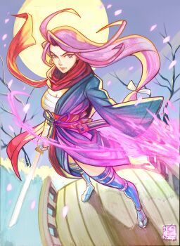 Rule 34 | 1girl, acecore2k, asymmetrical dual wielding, blue background, blue thighhighs, breasts, chasenmage, cleavage, commentary, dual wielding, energy sword, english commentary, floating hair, full body, full moon, gradient background, highres, holding, holding sword, holding weapon, japanese clothes, katana, long hair, looking at viewer, low-tied long hair, marker (medium), marvel, marvel rivals, mixed media, moon, official alternate costume, pen (medium), pink petals, psylocke, psylocke (sai), purple hair, red scarf, sarashi, scarf, solo, sword, tabi, thighhighs, traditional media, tree, weapon, x-men