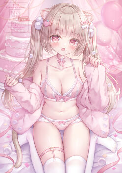 1girl :d animal_ears balloon bare_shoulders blush bow bow_bra bow_panties bra breasts brown_hair cake cat_ears cat_girl cat_tail cleavage collarbone commentary_request fingernails food hands_up heart heart_o-ring highres kohinata_hoshimi long_hair looking_at_viewer medium_breasts navel no_shoes o-ring o-ring_thigh_strap open_mouth original panties pink_bow pink_bra pink_eyes pink_panties sitting smile solo stomach tail thigh_strap thighhighs twintails underwear very_long_hair wariza white_thighhighs