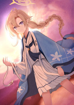 1girl absurdres ayame_(blue_archive) backlighting black_neckerchief blonde_hair blue_archive braid braided_ponytail commentary_request cowboy_shot day dutch_angle earrings film_grain hair_between_eyes halo hand_up haori haori_on_shoulders highres holding holding_ribbon ice_night328 japanese_clothes jewelry long_hair long_sleeves looking_at_viewer low_ponytail medium_skirt neckerchief outdoors pleated_skirt pointy_ears ponytail purple_eyes purple_sky ribbon sailor_collar school_uniform serafuku shirt single_braid skirt sky solo sunlight very_long_hair white_ribbon white_sailor_collar white_serafuku white_shirt white_skirt wide_sleeves yellow_halo