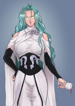 1girl alcohol breasts cup dress freudette glasses green_eyes green_hair highres holding holding_cup large_breasts long_hair long_sleeves one-punch_man ouroboros psychos_(one-punch_man) solo spilling wine