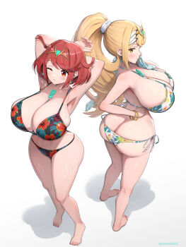 2girls alternate_costume ass bikini breasts butt_crack cleavage gonzarez highres huge_ass huge_breasts multiple_girls mythra_(xenoblade) pyra_(xenoblade) simple_background swimsuit white_background xenoblade_chronicles_(series) xenoblade_chronicles_2
