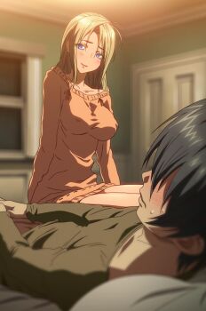 1boy 1girl 2011 age_difference bad_tag bed blonde_hair blue_eyes blush breasts covered_erect_nipples game_cg helmet hetero hiding_erection highres huge_breasts indoors interior jellyfish_(company) kamimura_akiko keisuke_(sisters) kouzaka_kohei kouzaka_kouhei looking_at_penis male_virgin mature_female naked_sweater nipples no_bra older_female_and_younger_male penis premature_ejaculation room shy sisters_~natsu_no_saigo_no_hi~ smile step-incest stepmother_and_stepson sweat sweater taki_minashika virgin_male