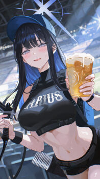 1girl absurdres alcohol alternate_costume audience backpack bag baseball_cap beer beer_tap belt black_belt black_hair black_shirt black_shorts blue_archive blue_eyes blue_hair blue_halo blue_hat blush breasts chinese_commentary clothes_writing colored_inner_hair commentary commentary_request crop_top cup cup_holder cup_stack english_commentary halo hat highres holding holding_cup hose_nozzle large_breasts long_hair looking_at_viewer midriff mixed-language_commentary multicolored_hair nanjo_maya navel nozzle open_mouth saori_(blue_archive) shirt short_shorts shorts sleeveless sleeveless_shirt smile stadium stadium_lights sweat teeth turtleneck turtleneck_shirt upper_teeth_only wristband