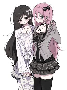 2girls alternate_costume aubrey_(faraway)_(omori) aubrey_(omori) black_bow black_choker black_eyes black_hair black_skirt black_thighhighs blue_eyes blush bow choker collarbone commentary double-parted_bangs dress hair_between_eyes hair_bow highres jewelry long_hair long_sleeves looking_at_viewer mari_(faraway)_(omori) mari_(omori) multiple_girls necklace omori parted_lips pink_hair sidelocks skirt smile thighhighs untranslatable_commentary white_background white_dress wktdms1