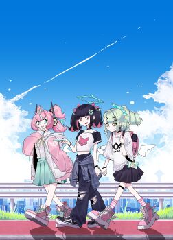 Rule 34 | 3girls, absurdres, angels of delusion, aria (zenless zone zero), black choker, black hair, black pants, blue sky, bow, choker, clothes around waist, collared shirt, colored inner hair, day, denim, earrings, fang, green bow, green eyes, green hair, green halo, green skirt, halo, high-waist skirt, highres, jacket, jacket around waist, jeans, jewelry, leg warmers, looking at another, mechanical ears, mii rza, multicolored hair, multiple girls, multiple hair clips, musical note earrings, nangong yu, outdoors, pants, pink bag, pink hair, pink leg warmers, pink shoes, red eyes, shirt, shoes, short sleeves, short twintails, skirt, sky, smile, streaked hair, striped leg warmers, sunna (zenless zone zero), sweat, t-shirt, thigh strap, torn clothes, torn jeans, torn pants, twintails, white shirt, white wings, winged bag, wings, zenless zone zero