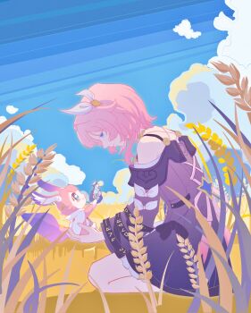 1girl absurdres artist_name bare_shoulders blue_eyes blue_sky chinese_commentary cloud coat commentary_request cyrene_(aedes_elysiae)_(honkai:_star_rail) cyrene_(honkai:_star_rail) hair_ornament heluo highres holding_puzzle_piece honkai:_star_rail honkai_(series) mem_(honkai:_star_rail) outdoors pink_hair purple_coat puzzle_piece seiza short_hair sitting sky wheat wheat_field