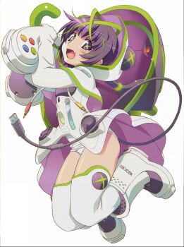 1girl absurdres boots cable commentary controller english_commentary fang game_console game_controller highres microsoft personification product_girl purple_eyes purple_hair rca_connector resized short_hair solo thighhighs umbrella upscaled watanabe_akio xbox_360 xbox_360_(personification)