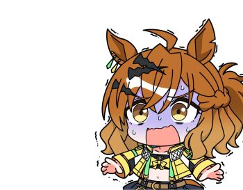 1girl ahoge animal_ears braid brown_hair ear_ornament earrings hair_between_eyes hair_ornament hairclip half_up_half_down_braid horse_ears horse_girl horse_tail jacket jewelry jungle_pocket_(champion&#039;s_battle_cry)_(umamusume) jungle_pocket_(umamusume) long_sleeves medium_hair navel notched_ear open_clothes single_earring skirt tail umamusume umamusume:_beginning_of_a_new_era yellow_eyes yellow_jacket yurin35699515