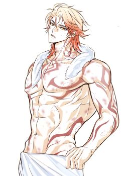 1boy abs arm_tattoo bite_mark blonde_hair braid chest_tattoo chinese_commentary commentary_request facial_tattoo gradient_hair hedachuxiafan hickey highres honkai:_star_rail honkai_(series) large_pectorals male_focus medium_hair multicolored_hair muscular muscular_male mydei_(honkai:_star_rail) pectorals red_hair red_tattoo side_braid simple_background solo tattoo towel towel_around_neck towel_around_waist white_background yellow_eyes