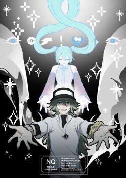 1boy 1girl :d :o aqua_hair aqua_necktie bare_shoulders baseball_cap black_hat black_sleeves detached_sleeves double-parted_bangs green_eyes green_hair grey_shirt hat hatsune_miku highres katarina_neko long_hair n_(pokemon) necktie nintendo ooparts_(vocaloid) open_mouth outstretched_arms pokemon project_voltage shirt shoulder_tattoo smile tattoo twintails very_long_hair vocaloid watermark
