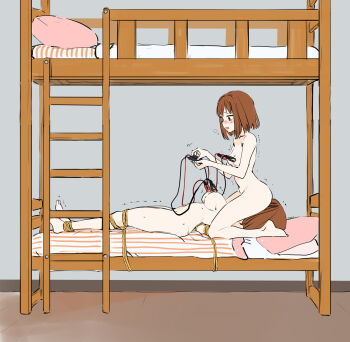 absurdres arms_behind_back barefoot bdsm bed blush bondage bound box_tie breasts brown_eyes brown_hair bunk_bed commission completely_nude electrostimulation eudetenis female_masturbation femdom from_side futaba_(pretzelfan) heavy_breathing highres ichika_(pretzelfan) incest indoors ladder large_breasts lying masturbation nipple_clamps nipples nude on_back open_mouth original pillow restrained rope second-party_source shibari short_hair siblings sisters sitting sitting_on_face sitting_on_person small_breasts trembling twins yuri