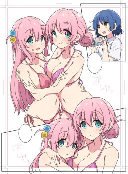 3girls aqua_eyes bikini blue_hair blush bocchi_the_rock! breasts camera commentary_request cube_hair_ornament gotoh_hitori gotoh_michiyo hair_bun hair_ornament holding holding_camera large_breasts long_hair looking_at_viewer mel_(melty_pot) mother_and_daughter multiple_girls one_side_up open_mouth pink_hair purple_bikini short_hair single_hair_bun swimsuit yamada_ryo yellow_eyes