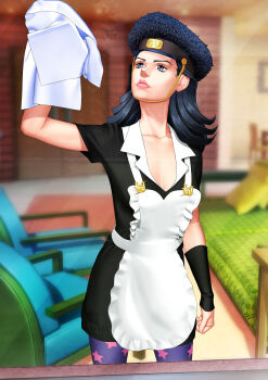 1girl absurdres apron black_arm_warmers black_dress black_hair black_hat blue_eyes breasts dress fur_hat hat highres jojo_no_kimyou_na_bouken jojolion legendarysoulii lips long_hair maid nijimura_kei pantyhose peaked_cap print_pantyhose purple_pantyhose solo standing star_(symbol) star_print table