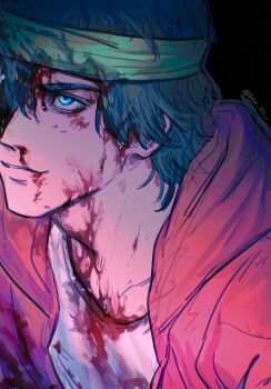 Rule 34 | 1boy, aqua eyes, biker (hotline miami), black background, blood, blood on clothes, blood on face, blue hair, commentary, english commentary, green headband, hair over one eye, headband, highres, hood, hooded jacket, hotline miami, injury, jacket, male focus, nosebleed, one eye covered, open clothes, open jacket, parted lips, red jacket, sanpaku, shirt, solo, tatsu (tatsumccree), twitter username, upper body, white shirt