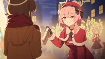 3girls black_bow black_gloves blue_archive blush bow box brown_hair brown_jacket capelet closed_eyes closed_mouth commentary dress feather_hair fur_trim gift gift_box gloves hair_bow hair_bun halo hanae_(blue_archive) hanae_(christmas)_(blue_archive) hat highres holding holding_box jacket leaning_forward long_hair looking_at_another mikan_battery multiple_girls official_alternate_costume open_mouth outdoors pink_eyes pink_hair red_capelet red_dress red_hat red_scarf red_shirt red_skirt scarf serina_(blue_archive) serina_(christmas)_(blue_archive) shirt short_hair single_side_bun skirt smile twintails very_long_hair yellow_halo