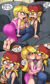 2girls ass_in_dress bad_tag blonde_hair couch dress female flat_chest food french_kiss highres incest kiss lana_loud lola_loud loli long_hair multiple_girls nickelodeon overalls pink_dress pizza shadman short_hair short_twintails siblings speech_bubble talking the_loud_house tiara twincest twins twintails yuri