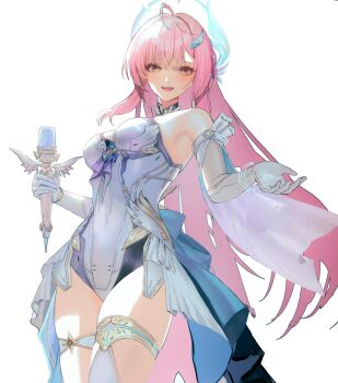 Rule 34 | 1girl, aemeath (wuthering waves), aengdohwa, ahoge, bare shoulders, blush, breasts, cowboy shot, elbow gloves, gloves, hair ornament, highres, holding, holding microphone, leotard, long hair, looking at viewer, medium breasts, microphone, mole, mole on shoulder, open mouth, orange eyes, pink hair, ponytail, showgirl skirt, simple background, skirt, smile, solo, star-shaped pupils, star (symbol), symbol-shaped pupils, thighs, white background, white gloves, white leotard, white skirt, wuthering waves