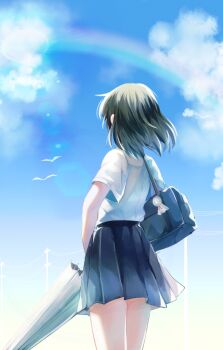 Rule 34 | 1girl, after rain, bag, bird, black hair, blue skirt, blue sky, cloud, collared shirt, commentary request, from behind, highres, holding, holding umbrella, lens flare, mani (manidrawings), medium hair, original, pleated skirt, rainbow, school bag, shirt, short sleeves, shoulder bag, sidelocks, skirt, sky, solo, standing, teruterubouzu, thighs, umbrella, white shirt