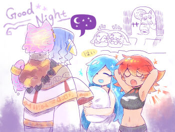 &gt;_&lt; 1boy 2girls alternate_costume animal_ears armpits arms_behind_head bare_arms bare_shoulders beco_(100me) black_pants black_shirt blue_hair blue_tongue blush_stickers closers collarbone colored_tongue commentary_request creature creature_and_personification creature_on_shoulder crescent_moon crop_top dark-skinned_female dark_skin doorway dress english_text eye_print fang flamberge_(kirby) francisca_(kirby) from_behind futon gradient_hair hair_over_one_eye halter_shirt halterneck holding holding_pillow humanization hyness kirby_(series) long_hair long_sleeves lying medium_hair moon multicolored_hair multiple_girls navel nightgown nintendo no_mouth notice_lines on_shoulder on_stomach open_mouth outstretched_hand pants personification pillow red_hair robe shirt sleeveless sleeveless_dress sleeveless_shirt sleeves_past_fingers sleeves_past_wrists smile spaghetti_strap sparkle spoken_object star_(symbol) stomach under_covers very_long_hair void_termina void_termina_(final_core) white_hair white_nightgown white_robe