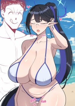1boy 1girl abs absurdres alternate_breast_size_(larger) band-width beach bikini black_hair blue_archive breasts cleavage closed_eyes cloud collarbone colored_inner_hair commentary_request doodle_sensei_(blue_archive) fingering fingering_through_clothes glasses hair_behind_ear halo heart highres huge_breasts lips long_hair multicolored_hair open_mouth paid_reward_available pointy_ears ponytail purple_hair rin_(blue_archive) rubbing semi-rimless_eyewear sensei_(blue_archive) sky sound_effects swimsuit through_clothes tongue white_bikini