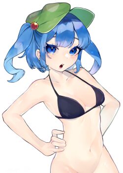 1girl absurdres black_bra blue_eyes blue_hair blush bottomless bra breasts cleavage collarbone colored_eyebrows commentary_request green_hat groin hair_bobbles hair_ornament hand_on_own_hip hat highres kappa_mame kawashiro_nitori looking_at_viewer navel no_panties open_mouth short_twintails solo touhou twintails underwear upper_body white_background