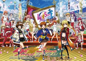 Rule 34 | 2boys, 6+girls, amitie florian, arf, arisa bunnings, audience, blonde hair, carrying, checkered floor, clothes writing, fate testarossa, flag, gym shirt, gym shorts, gym uniform, highres, iris (nanoha), kawakami shuuichi, kyrie florian, lyrical nanoha, lyrical store, mahou shoujo lyrical nanoha detonation, midriff, multiple boys, multiple girls, navel, official alternate costume, official art, outdoors, reinforce zwei, schwertkreuz, shamal, shirt, shorts, shoulder carry, signum, sitting, sitting on stairs, skirt, smile, sports festival, stadium, stairs, standing, takamachi nanoha, thigh gap, thighhighs, tsukimura suzuka, twintails, variant set, vita (nanoha), yagami hayate, yersiniakreuz, yuri eberwein, yuuno scrya, zafira