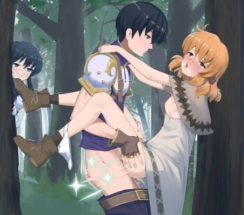 Rule 34 | 1boy, 2girls, afterimage, ahoge, armor, arms around neck, bare legs, blush, boots, breastplate, breasts, breasts out, brother and sister, caught, clenched teeth, clothed sex, clothes pull, commission, commissioner upload, fingerless gloves, fire emblem, fire emblem: genealogy of the holy war, forest, gameplay mechanics, gloves, hetero, lana (fire emblem), larcei (fire emblem), lifting person, motion lines, multiple girls, nature, nintendo, nipples, open clothes, open mouth, orange hair, outdoors, panties, panties around leg, pants, pants pull, peeking, peeking out, public indecency, recklessdraw, scathach (fire emblem), sex, short hair, shoulder armor, siblings, sidelocks, smile, smug, socks, sparkle, star (symbol), suspended congress, sweat, teeth, twins, underwear, vaginal