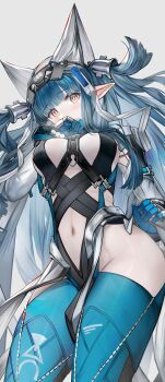 1girl absurdres arknights arknights:_endfield blue_gloves blush breasts clothing_cutout covering_own_mouth cowboy_shot gloves grey_background highleg highleg_leotard highres large_breasts last_rite_(arknights) leotard long_hair long_sleeves looking_at_viewer navel navel_cutout nopetroto orange_eyes pointy_ears solo thighs