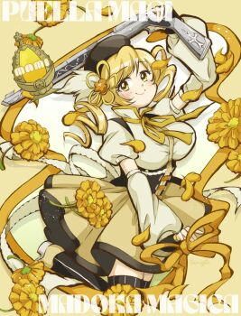 1girl ame_(tameste) beret blonde_hair breasts character_name commentary copyright_name corset detached_sleeves drill_hair fingerless_gloves flower gloves hat highres magical_girl mahou_shoujo_madoka_magica mahou_shoujo_madoka_magica_(anime) pleated_skirt puffy_short_sleeves puffy_sleeves short_sleeves skirt soul_gem striped_clothes striped_thighhighs thighhighs tomoe_mami tomoe_mami_(magical_girl) twin_drills vertical-striped_clothes vertical-striped_thighhighs yellow_background yellow_eyes yellow_flower