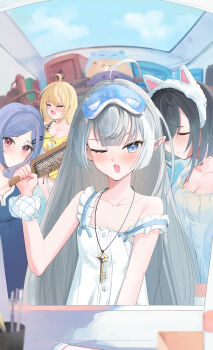 4girls ;o absurdres ahoge amber_(pajamas)_(stella_sora) amber_(stella_sora) black_hair blonde_hair blue_eyes blue_sky breasts brushing_hair brushing_own_hair cleavage closed_eyes commentary_request dress fang female_tyrant_(pajamas)_(stella_sora) female_tyrant_(stella_sora) grey_hair hair_brush hair_ornament hairclip highres holding holding_hair_brush iris_(pajamas)_(stella_sora) iris_(stella_sora) jewelry key key_necklace looking_at_viewer mirror multiple_girls necklace new_star_guild_(stella_sora) noya_(pajamas)_(stella_sora) noya_(stella_sora) one_eye_closed open_mouth pointy_ears purple_hair red_eyes shinonome_(jugg7238) sky stella_sora strap_slip toothbrush tyrant_(stella_sora) white_dress