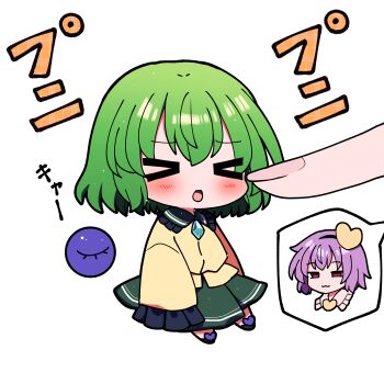 &gt;_&lt; 2girls :o absurdres chestnut_mouth commentary_request eyeball frilled_shirt_collar frilled_sleeves frills green_eyes green_hair green_skirt hairband highres komeiji_koishi komeiji_satori long_sleeves medium_hair multiple_girls no_headwear pink_hair poking shirt simple_background skirt third_eye touhou white_background wide_sleeves yellow_shirt you_(noanoamoemoe)