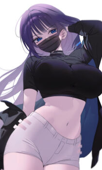1girl absurdres arm_up black_jacket black_shirt blue_eyes borrowed_character breasts commentary_request cowboy_shot crop_top hand_in_own_hair highres jacket jewelry korean_commentary large_breasts long_hair looking_at_viewer mask midriff mouth_mask myao_(o3o333) navel necklace off_shoulder open_clothes open_jacket original purple_hair shirt short_shorts short_sleeves shorts simple_background skindentation solo stomach white_background white_shorts yuna_(biya_(1024))