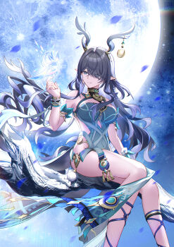 1girl absurdres antlers bare_legs bare_shoulders bird bird_on_hand black_collar blue_dress blue_eyes blue_petals breasts chinese_commentary closed_mouth collar commentary_request covered_navel deer_antlers dress eyes_visible_through_hair feet_out_of_frame full_moon genshin_impact hair_over_one_eye hand_up highres horns large_breasts lauma_(genshin_impact) legs long_hair looking_at_animal moon pointy_ears purple_hair sideless_dress sidelocks smile solo thighs tongyu very_long_hair