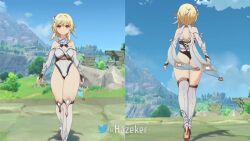 1girl animated ass backless_outfit blonde_hair detached_sleeves fingerless_gloves genshin_impact gloves hazeker high_heels kneehighs leotard lumine_(genshin_impact) mihoyo multiple_views short_hair socks tagme thighs video walking yellow_eyes