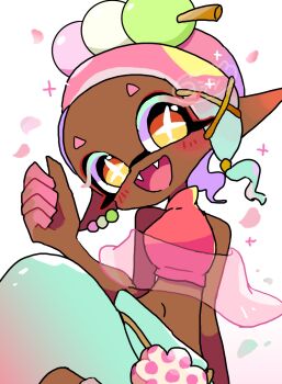 1girl aqua_hair aqua_pants colored_eyelashes crop_top dark-skinned_female dark_skin earrings fangs frye_(splatoon) harem_pants highres inkling jewelry looking_at_viewer multicolored_hair navel nintendo official_alternate_color open_mouth pants pink_hair pink_petals pink_shawl pointy_ears purple_hair red_shirt shawl shirt simple_background sitting solo splatoon_(series) splatoon_3 symbol-shaped_pupils tentacle_hair upper_body white_background yellow_eyes yoshishi_(yosisitoho)