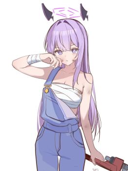 1girl alternate_costume arm_at_side artist_name blue_archive blue_overalls blunt_bangs breasts bright_pupils cleavage collarbone commentary_request cowboy_shot dirty dirty_face hair_between_eyes hair_intakes halo hand_up highres holding holding_wrench large_breasts light_blush long_hair looking_at_viewer mechanic overalls parted_lips purple_eyes purple_hair purple_halo sarashi simple_background skindentation solo straight_hair utaha_(blue_archive) very_long_hair white_background white_pupils wrench yukki83130530