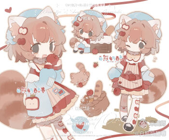 1girl :d absurdres animal_ear_fluff animal_ears apple apron apron_basket bai_xiong_nailaojuan black_shoes blue_hat bread brown_apron brown_hair chibi chibi_only closed_mouth dress food fruit full_body hat highres holding holding_food holding_fruit long_sleeves looking_at_viewer mihuashi_username multiple_views one_eye_closed open_mouth orange_eyes original raccoon_ears raccoon_girl raccoon_tail red_dress shoes short_hair sleeves_past_fingers sleeves_past_wrists smile socks standing striped_apron striped_clothes tail vertical-striped_apron vertical-striped_clothes watermark white_background white_socks