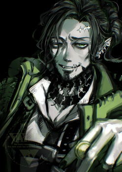 1boy absurdres beard centipede_tattoo chinstrap_beard collared_shirt cosplay facial_hair green_eyes highres hood hooded_jacket jacket male_focus mature_male neck_tattoo oogie_boogie oogie_boogie_(cosplay) scar scar_on_face scar_on_forehead shirt swing_(twisted_wonderland) tattoo tayutaill the_nightmare_before_christmas twisted_wonderland