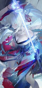 1girl absurdres arm_up bare_shoulders blue_nails breasts cleavage closed_mouth collarbone commentary earrings eyes_visible_through_hair fingernails hair_intakes hair_over_one_eye hair_ribbon hakama hakama_skirt high_ponytail highres hiyuki_(wuthering_waves) holding holding_sheath holding_sword holding_weapon japanese_clothes jewelry katana kimono large_breasts long_fingernails long_hair modare mole mole_under_eye nail_polish off_shoulder ponytail red_eyes red_hakama red_ribbon ribbon sheath sideways_glance skirt solo sword unsheathing weapon white_hair white_kimono wuthering_waves