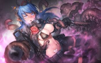 1girl bandaid bandaid_on_cheek bandaid_on_face bandaid_on_nose bikini bikini_top_only bikini_under_clothes black_jacket black_pants blue_hair blush breasts check_copyright cleavage commission copyright_request dated_commentary dazed dutch_angle feet_out_of_frame firing gloves grey_background gun headgear heart hetza_(hellshock) holding holding_gun holding_weapon jacket jitome long_hair mask medium_breasts midriff monster navel open_mouth original pants pointy_ears respirator skeb_commission slime_(substance) smoke smoking_barrel string_bikini swimsuit tentacles weapon