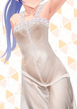 1girl absurdres arm_up armpits bad_id bad_twitter_id blue_hair brown_eyes ch2haya_p closed_mouth covered_erect_nipples dress flat_chest head_out_of_frame highres idolmaster idolmaster_(classic) kisaragi_chihaya long_hair nipples patterned_background ponytail see-through_clothes solo standing triangle_background white_dress