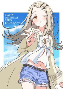 1girl belt black_belt blonde_hair blowing_kiss blue_shorts blue_sky blush border camisole character_name cloud colored_eyelashes commentary_request cowboy_shot denim denim_shorts earrings flipped_hair gakuen_idolmaster gradient_hair grey_hair hair_ornament hairclip hand_up happy_birthday highres idolmaster jewelry kousuke0912 long_hair long_sleeves looking_at_viewer midriff multicolored_hair one_eye_closed open_clothes open_robe orange_eyes orange_ribbon outdoors outside_border parallel_hairclips parted_bangs puckered_lips ribbon robe rope_belt shinosawa_hiro shorts sky solo stud_earrings white_border white_camisole white_robe wide_sleeves wristband