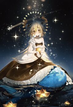 1girl absurdres ahoge armpit_crease black_bow black_dress black_nails blonde_hair blush bow breasts cleavage collarbone dress frilled_dress frills hair_between_eyes halo hexagram highres horns liver_city long_bangs long_dress long_hair looking_at_viewer loosely_tucked_bangs mermaid monster_girl original parted_lips ripples scales single-shoulder_dress small_breasts solo sparkle star_(sky) star_halo star_of_david two-tone_dress water white_dress yellow_eyes yoruhoshi_owl