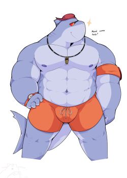 1boy abs armband backwards_hat bara baseball_cap blue_skin bulge closed_mouth colored_skin cropped_legs english_text fins fish_tail fortnite furry furry_male gills hand_on_own_hip hat highres large_pectorals lifeguard makoakira male_focus male_swimwear multicolored_skin muscular muscular_arms muscular_male navel nipples pectorals profile red-tinted_eyewear red_armband red_hat red_male_swimwear shark_boy shark_fin shark_tail simple_background solo sparkle steve_(fortnite) strongman_waist tail tinted_eyewear topless_male two-tone_skin watch whistle whistle_around_neck white_background wristwatch