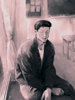 Rule 34 | 1boy, black hair, chair, chalkboard, classroom, closed eyes, curtains, day, desk, feet out of frame, highres, indoors, k05062688, male focus, mito youhei, monochrome, pompadour, school chair, school desk, short hair, sitting, slam dunk (series), smile, solo