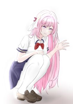 Rule 34 | 1girl, alternate costume, blue skirt, bow, bowtie, breasts, brown shoes, chinese commentary, collared shirt, commentary request, diamond-shaped pupils, diamond (shape), elysia (herrscher of human: ego) (honkai impact), elysia (honkai impact), hair ornament, highres, honkai (series), honkai impact 3rd, large breasts, long hair, multicolored hair, panties, pink hair, purple eyes, red bow, red bowtie, school uniform, shirt, shoes, simple background, skirt, smile, solo, squatting, symbol-shaped pupils, two-tone hair, underwear, very long hair, white hair, white panties, white shirt, ying ling