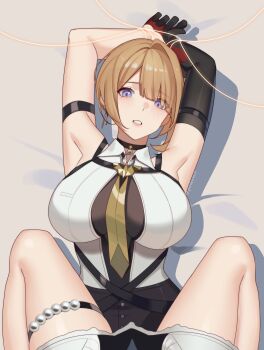 2girls absurdres arm_strap armpits artist_name astra_yao bare_shoulders blonde_hair blush bound bound_wrists breasts chest_harness choker dress elbow_gloves evelyn_chevalier gloves half_gloves harness highres large_breasts looking_at_viewer multiple_girls necktie on_bed pinkuma pov purple_eyes shirt short_hair sleeveless sleeveless_shirt straddling thigh_beads thighs white_dress wire yuri zenless_zone_zero