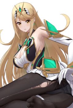 1girl absurdres ass bare_shoulders black_pantyhose blonde_hair breasts chest_jewel cleavage_cutout clothing_cutout dress earrings elbow_gloves floating_earrings furrowed_brow gloves highres jewelry large_breasts long_hair microdress mythra_(massive_melee)_(xenoblade) mythra_(xenoblade) neon_trim no_shoes pantyhose solo suspenders swept_bangs takahashi_hizumi thigh_strap tiara torn_clothes torn_pantyhose very_long_hair white_dress white_gloves xenoblade_chronicles_(series) xenoblade_chronicles_2 yellow_eyes